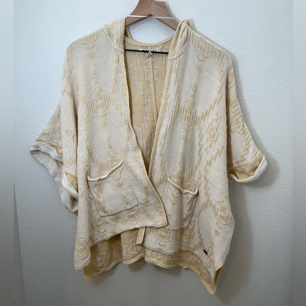 Roxy Beige Ikat Knit Hooded Open Cardigan OS